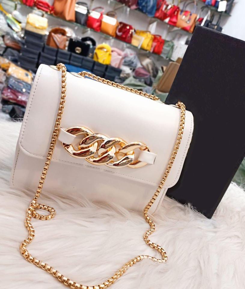 PU Leather Plain Hand Bag With Long Chain Strap