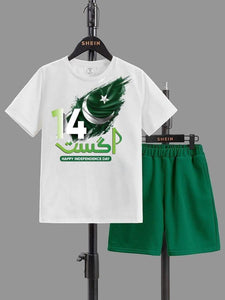 2 Pcs Boy's Blended Printed Knicker And Shirt Set