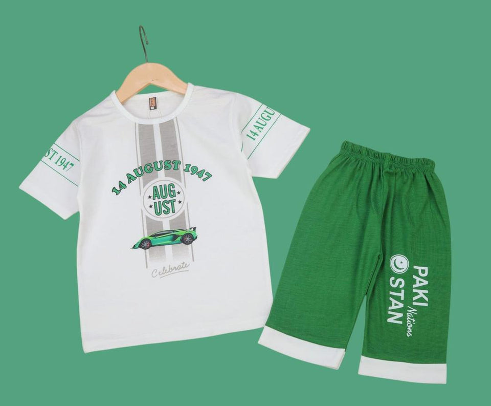 2 Pcs Boy's Blended Printed Knicker And Shirt Set
