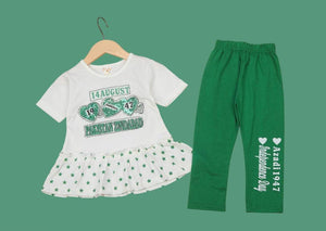 2 Pcs Girl's Blended Printed Frock And Trouser Set
