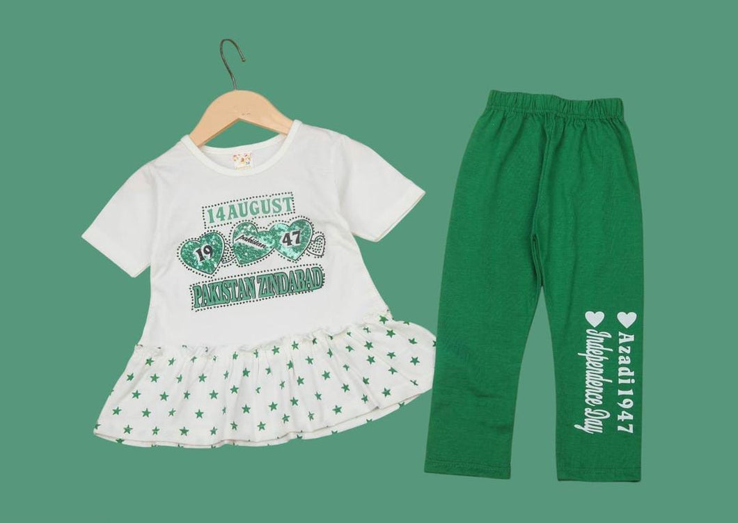 2 Pcs Girl's Blended Printed Frock And Trouser Set
