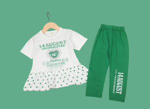 2 Pcs Girl's Blended Printed Frock And Trouser Set