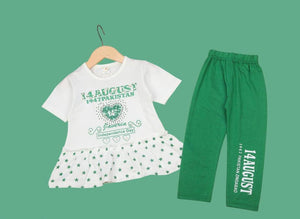 2 Pcs Girl's Blended Printed Frock And Trouser Set